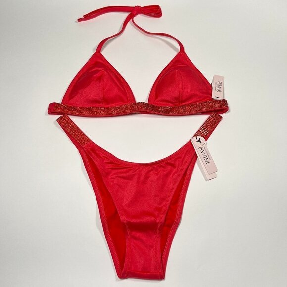 Victoria Secret XL Shine Strap Triangle Bikini Top Cheeky Bottom Set Pink - Picture 1 of 14